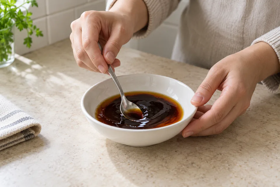 dumpling sauce — step 1: Combine soy sauce, rice vinegar, and sesame oil in a small bowl.