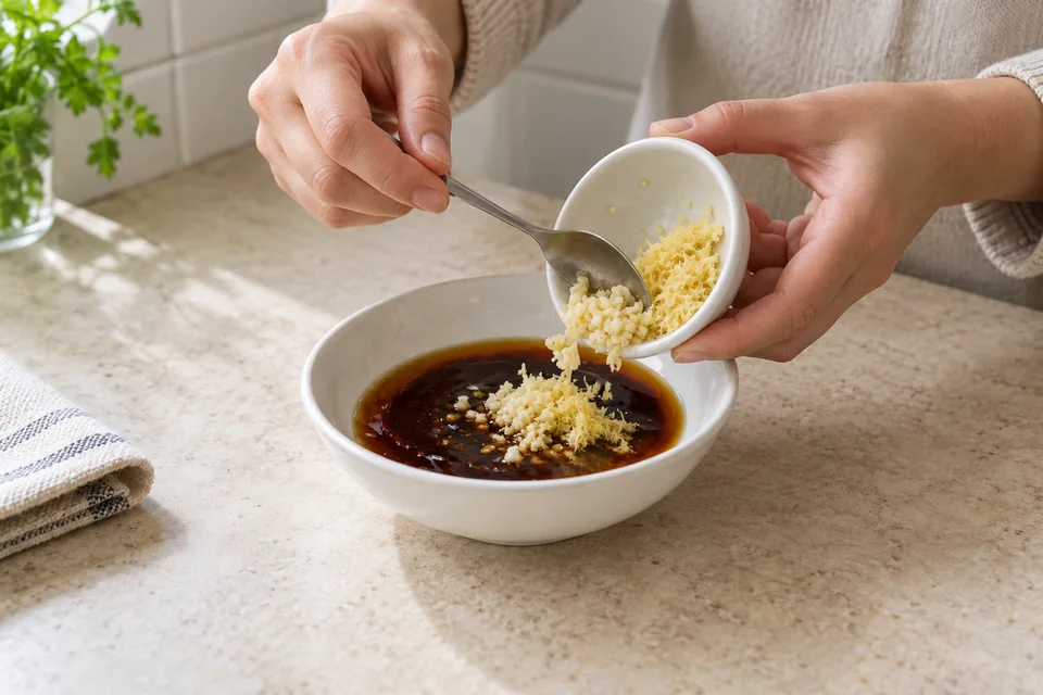 dumpling sauce — step 2: Add minced garlic and grated ginger; stir to incorporate.