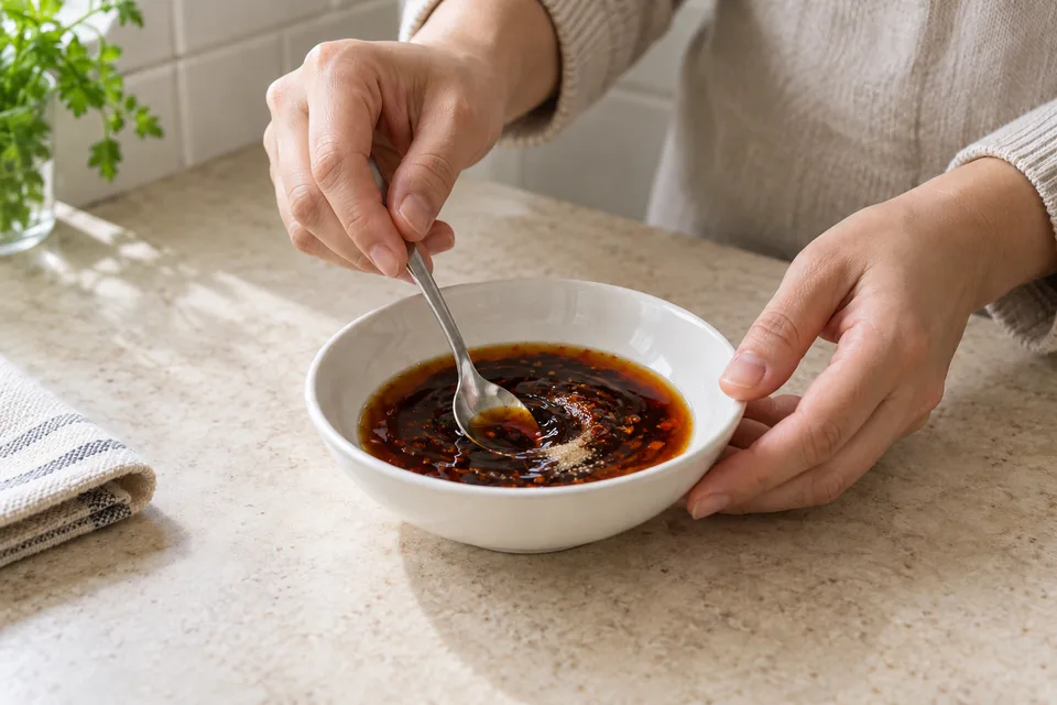 dumpling sauce — step 3: Stir in chili oil or red pepper flakes and sugar.