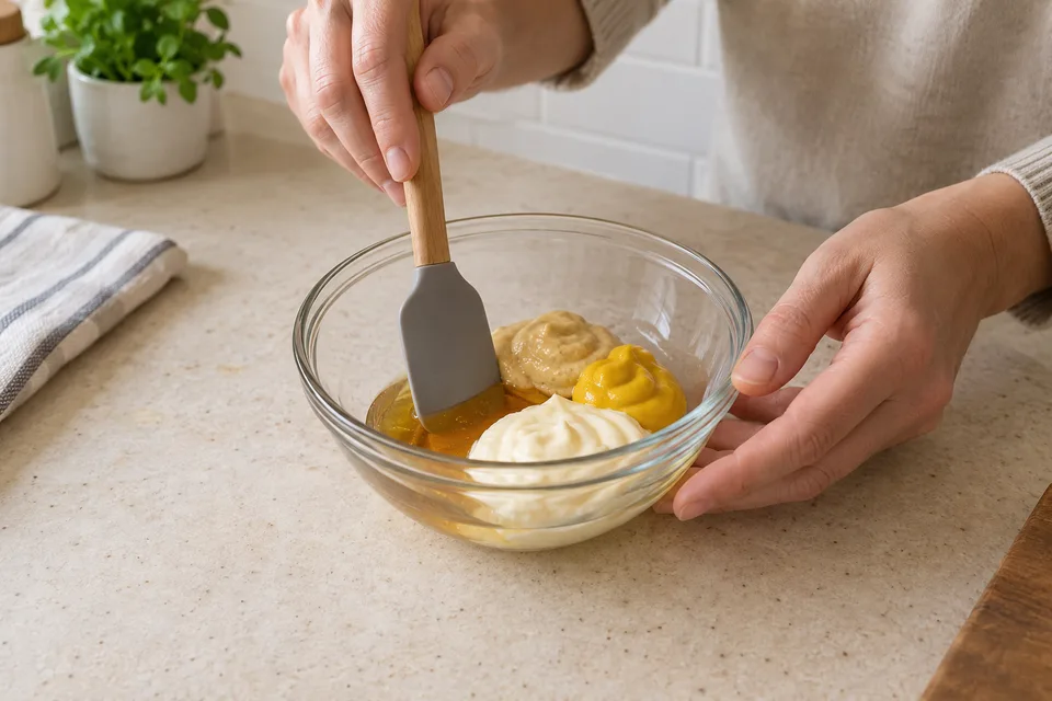 honey mustard — step 1: Combine honey, Dijon mustard, yellow mustard, and mayonnaise in a small bowl.