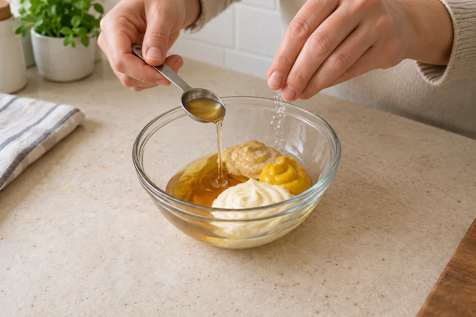 honey mustard — step 2: Add apple cider vinegar and salt.