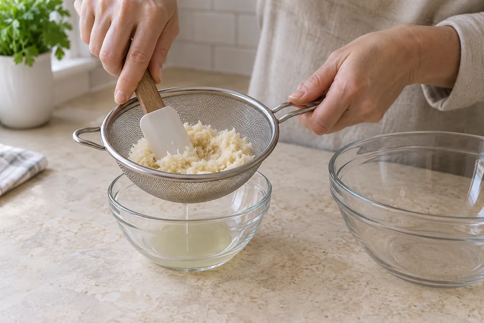 horseradish sauce — step 1: Drain prepared horseradish through a fine-mesh strainer, pressing out excess liquid.