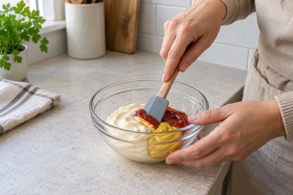 burger sauce — step 1: Combine mayonnaise, ketchup, and mustard in a small bowl.