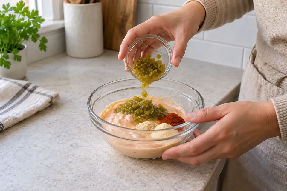 burger sauce — step 2: Add sweet pickle relish, white wine vinegar, garlic powder, onion powder, and smoked paprika.