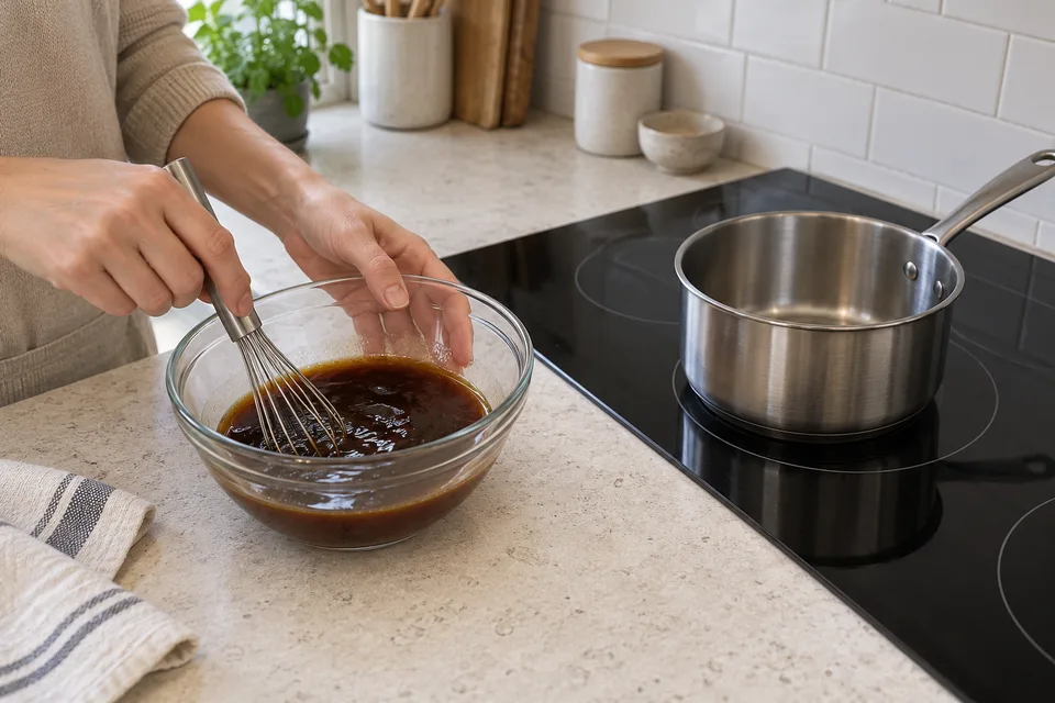 general tso sauce — step 1: Whisk together soy sauce, sugar, rice vinegar, hoisin sauce, and broth in a small bowl until sugar dissolves.