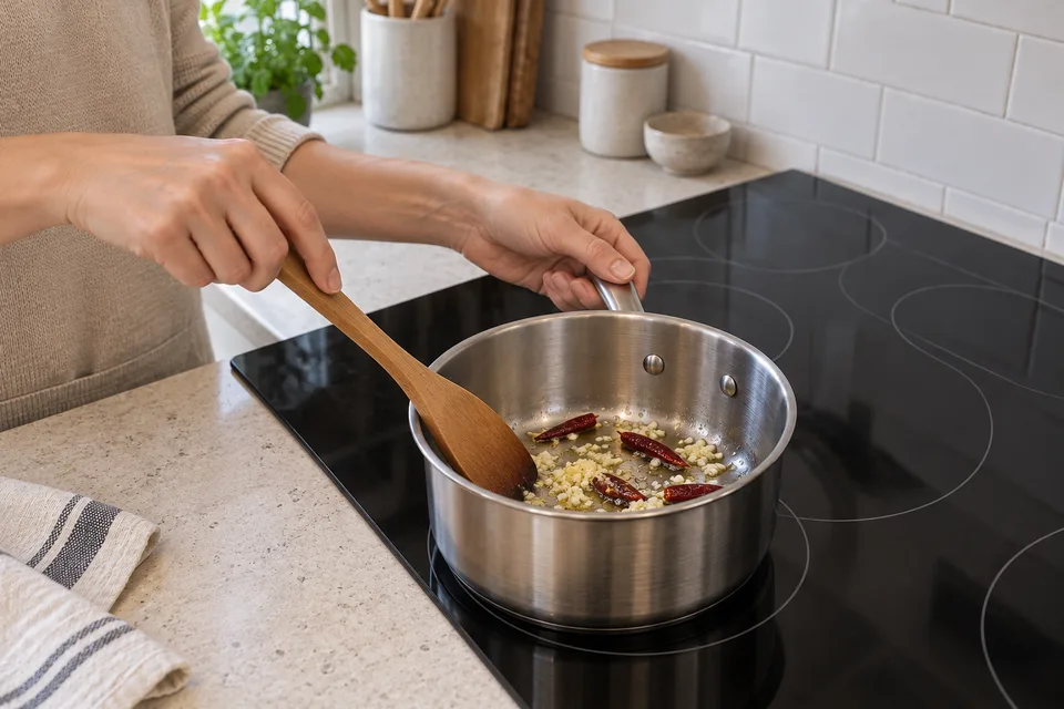 general tso sauce — step 2: Heat a small saucepan over medium heat and add a thin film of neutral oil. Add garlic, ginger, and dried chilies; cook 30 seconds until fragrant.