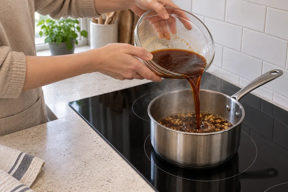 general tso sauce — step 3: Pour the soy sauce mixture into the pan and bring to a gentle simmer.