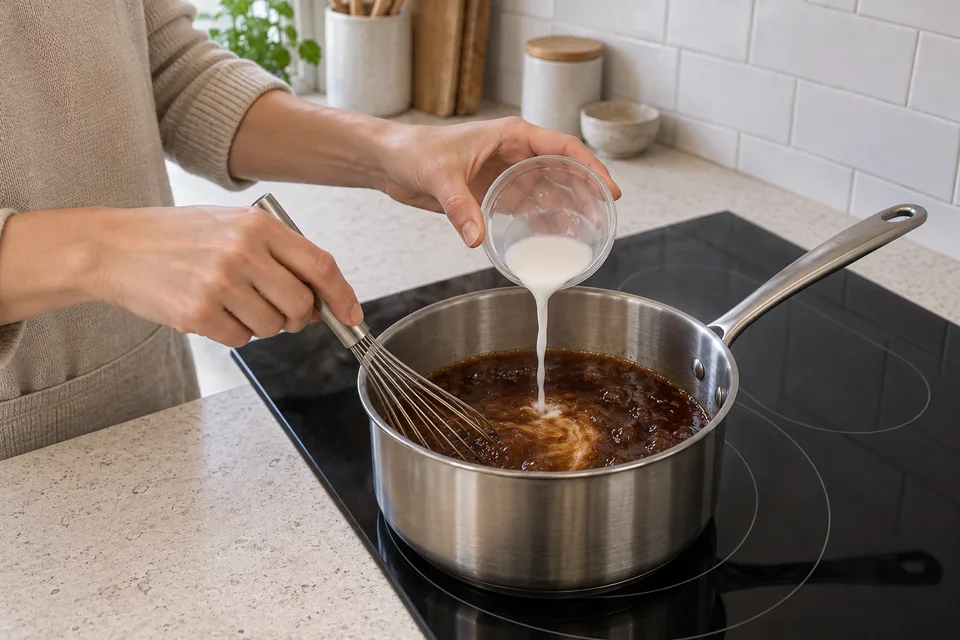 general tso sauce — step 4: Stir cornstarch and cold water together in a separate small bowl to form a slurry, then pour into the simmering sauce while stirring constantly.