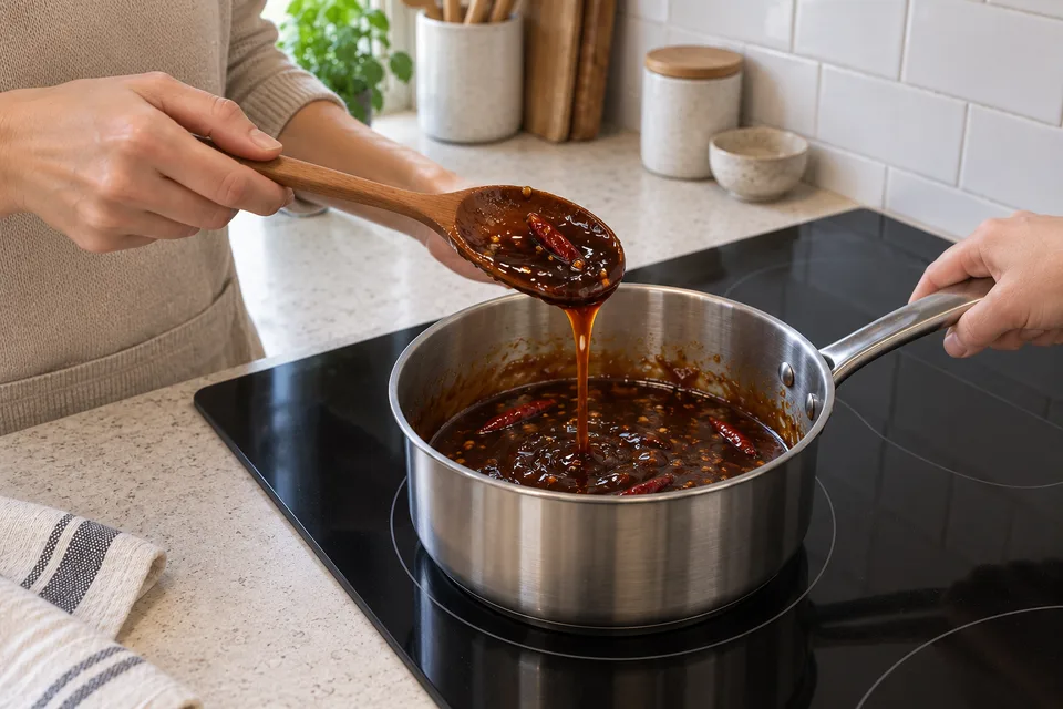 general tso sauce — step 5: Cook 1 to 2 minutes until the sauce thickens to a glossy, coating consistency.
