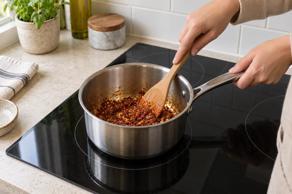szechuan sauce — step 3: Stir in doubanjiang and ground Sichuan peppercorns; cook for 2 minutes.