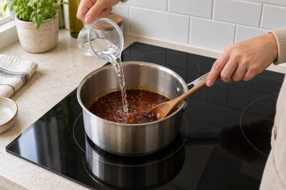 szechuan sauce — step 4: Add soy sauce, rice vinegar, sugar, and water; stir to combine.