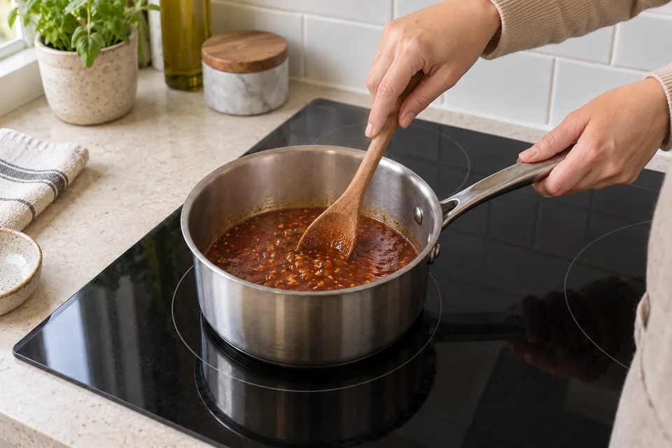 szechuan sauce — step 5: Simmer over low heat for 5 minutes, stirring occasionally, until slightly thickened.