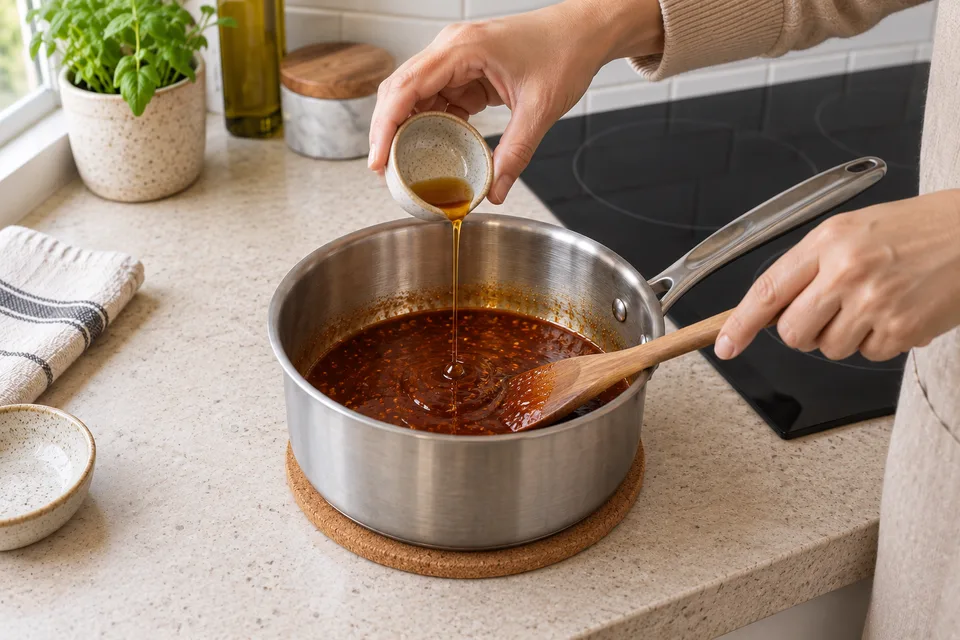 szechuan sauce — step 6: Remove from heat and stir in sesame oil. Transfer promptly to a shallow covered container and refrigerate within 2 hours.