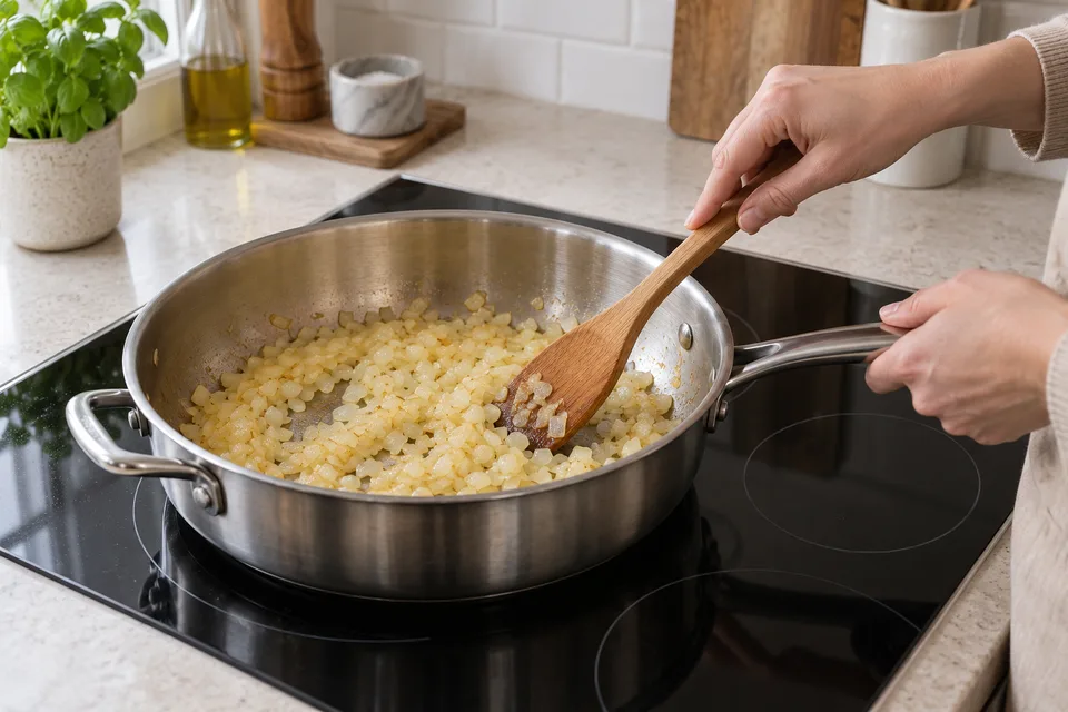 tikka masala sauce — step 1: Heat oil or butter in a large skillet over medium heat. Add onion and cook, stirring occasionally, until softened and lightly golden, about 8 minutes.