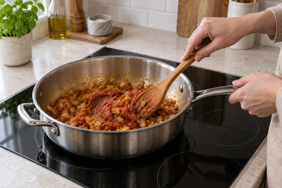 tikka masala sauce — step 4: Add tomato paste and stir to combine with the spice mixture; cook 2 minutes.