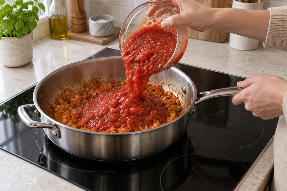 tikka masala sauce — step 5: Pour in crushed tomatoes. Stir well, bring to a simmer, and cook uncovered for 15 minutes until the sauce thickens slightly.