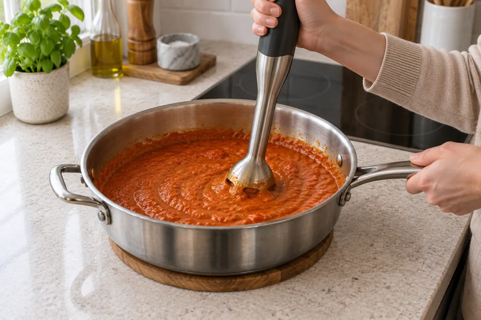 tikka masala sauce — step 6: Remove from heat and blend the sauce until smooth using an immersion blender or countertop blender.