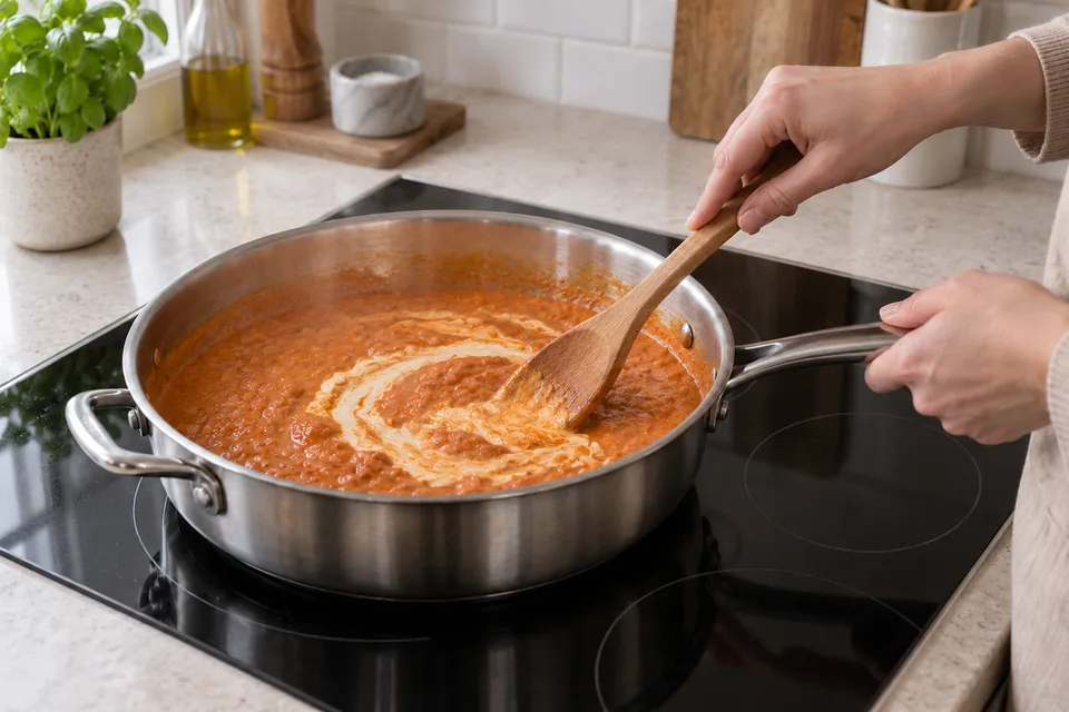 tikka masala sauce — step 7: Return sauce to medium-low heat. Stir in heavy cream, sugar, and salt. Simmer 5 minutes until the sauce coats the back of a spoon.