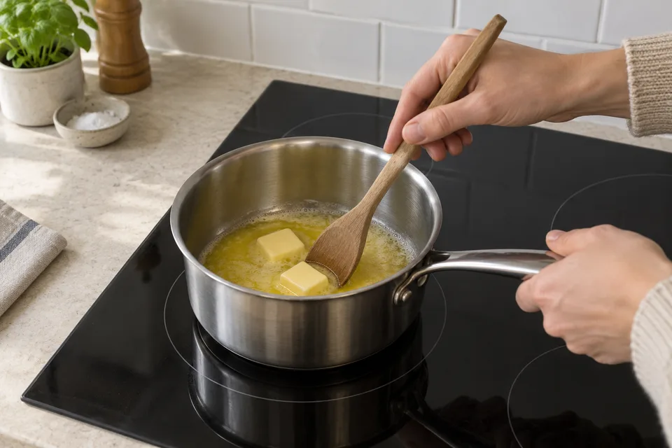 white wine sauce — step 1: Melt 2 tablespoons of butter in a small saucepan over medium heat.