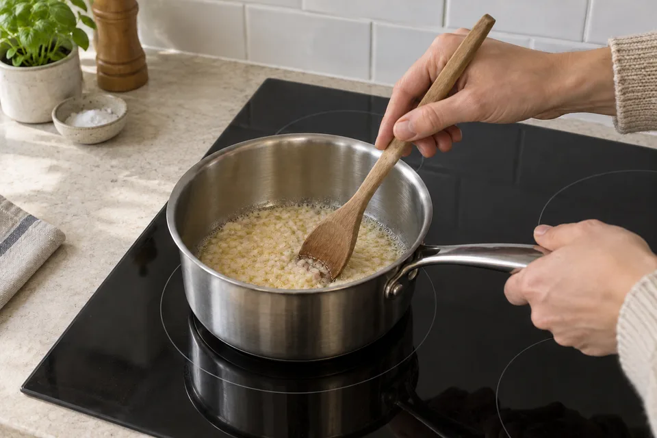 white wine sauce — step 2: Add shallots and cook, stirring, until softened and translucent, about 3 minutes.