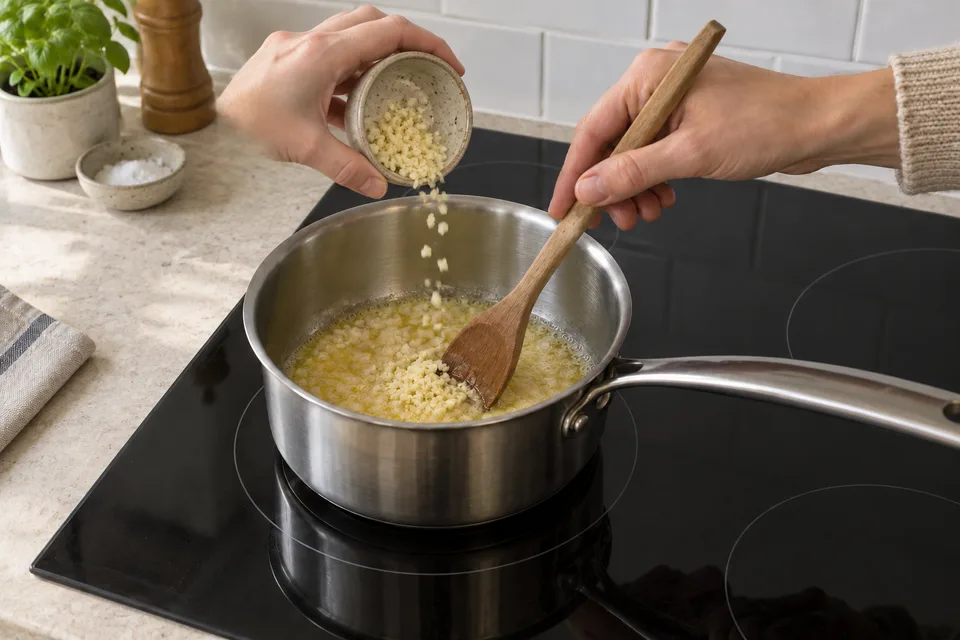 white wine sauce — step 3: Add garlic and cook for 30 seconds until fragrant.