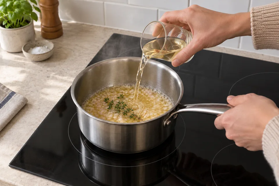 white wine sauce — step 4: Pour in the white wine and add thyme. Raise heat to medium-high and reduce the liquid by half, about 5 minutes.