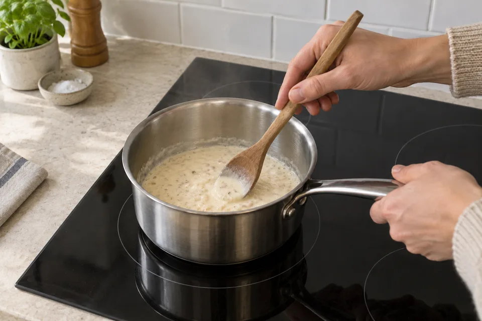 white wine sauce — step 5: Stir in the heavy cream and simmer over medium heat until the sauce thickens enough to coat a spoon, about 4 minutes.