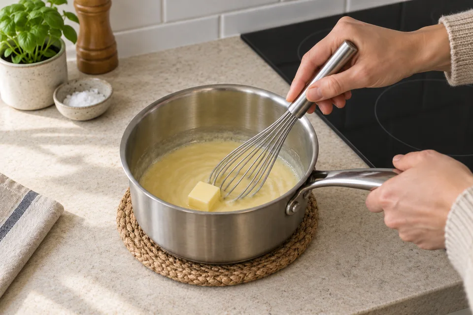 white wine sauce — step 6: Remove from heat and whisk in the remaining 2 tablespoons of cold butter one tablespoon at a time.