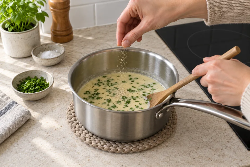 white wine sauce — step 7: Season with salt and white pepper, stir in parsley, and serve immediately.