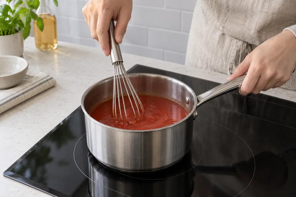 bbq sauce — step 1: Combine tomato paste, water, and apple cider vinegar in a small saucepan over medium heat and whisk until smooth.