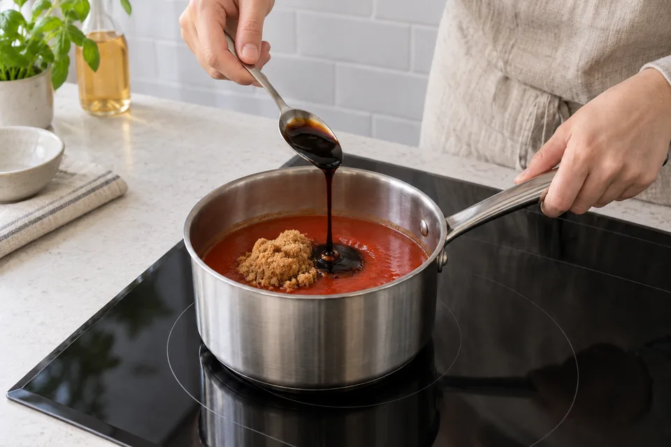 bbq sauce — step 2: Add brown sugar, molasses, and Worcestershire sauce; stir to incorporate.