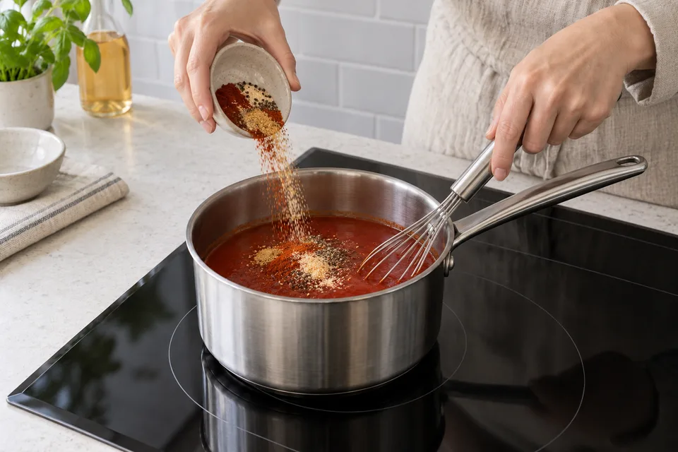 bbq sauce — step 3: Stir in smoked paprika, garlic powder, onion powder, black pepper, salt, cayenne, and mustard.