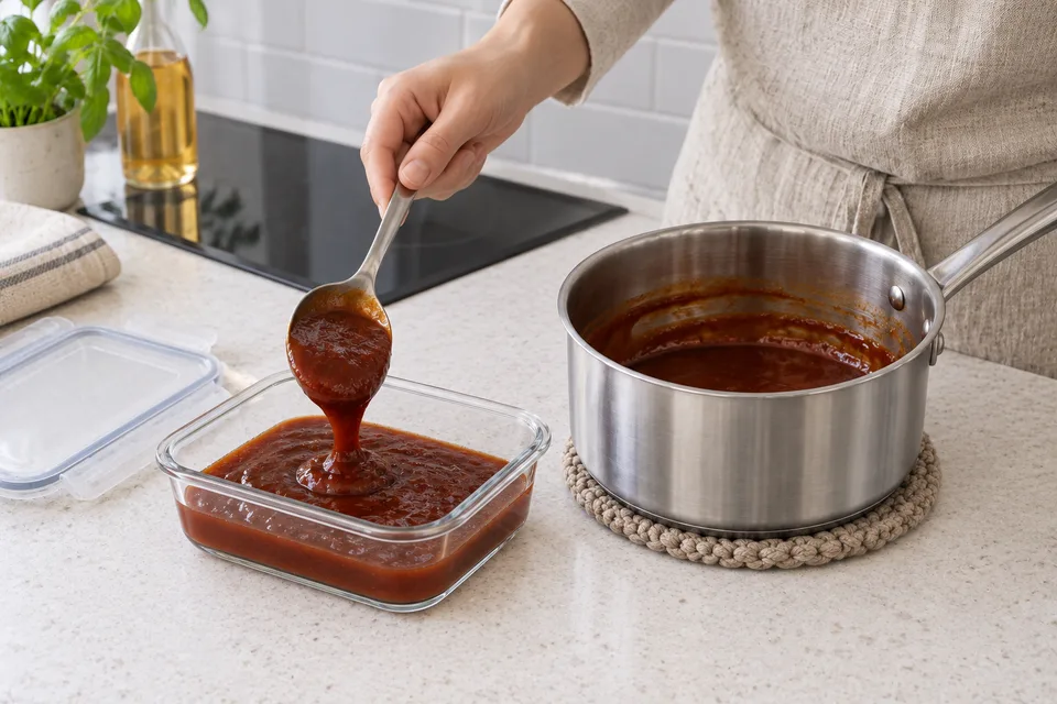 bbq sauce — step 7: Serve immediately, or transfer promptly to shallow covered containers and refrigerate within 2 hours of preparation, or within 1 hour above 90°F (32°C). Keep at 40°F (4°C) or below; do not wait for the sauce to reach room temperature.