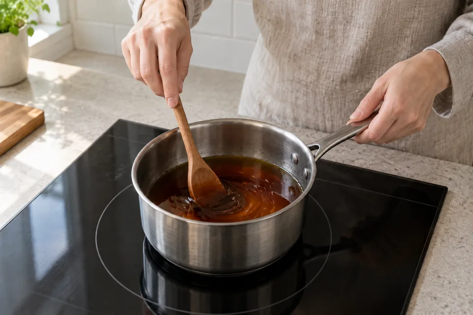 eel sauce — step 2: Stir continuously until the sugar fully dissolves, about 2 minutes.