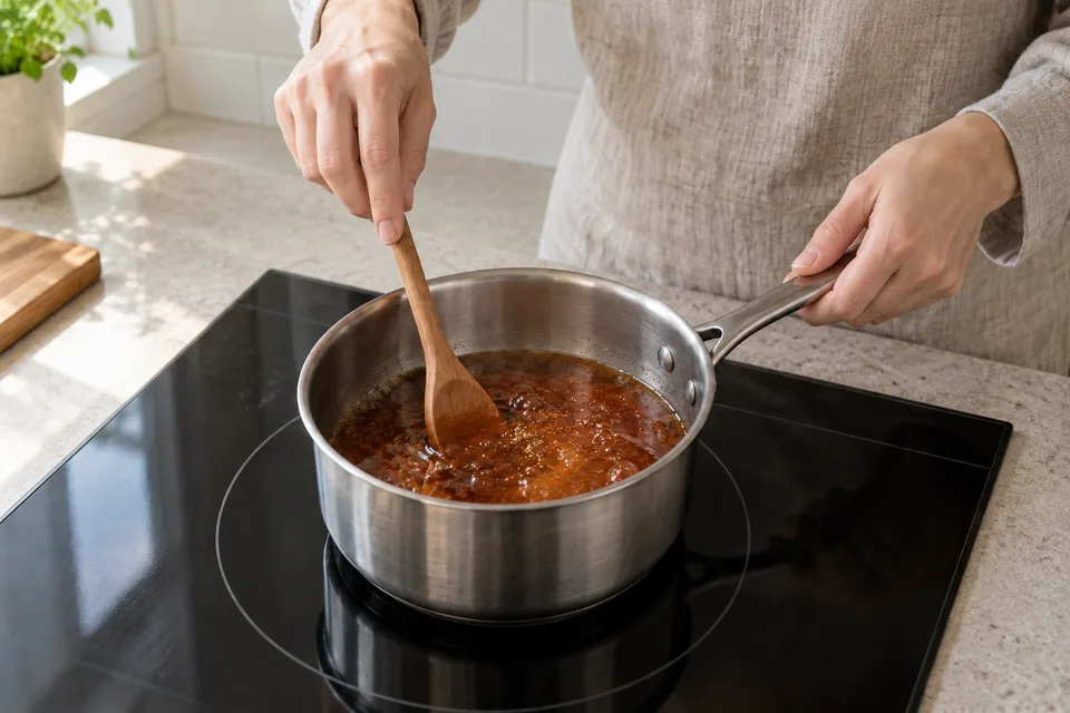eel sauce — step 3: Bring the mixture to a gentle simmer, then reduce heat to medium-low.