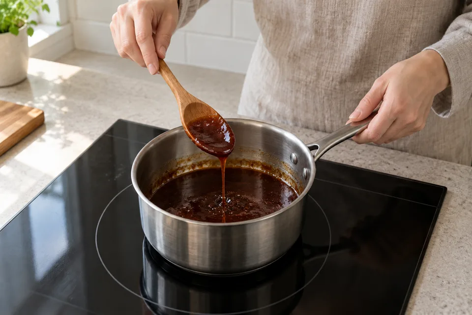 eel sauce — step 4: Simmer uncovered, stirring occasionally, until the sauce reduces by roughly one-third and coats the back of a spoon, about 15 to 18 minutes.