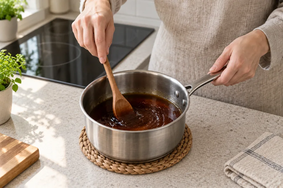eel sauce — step 5: Remove from heat; the sauce will thicken further as it cools. Do not leave it on the counter to reach room temperature.