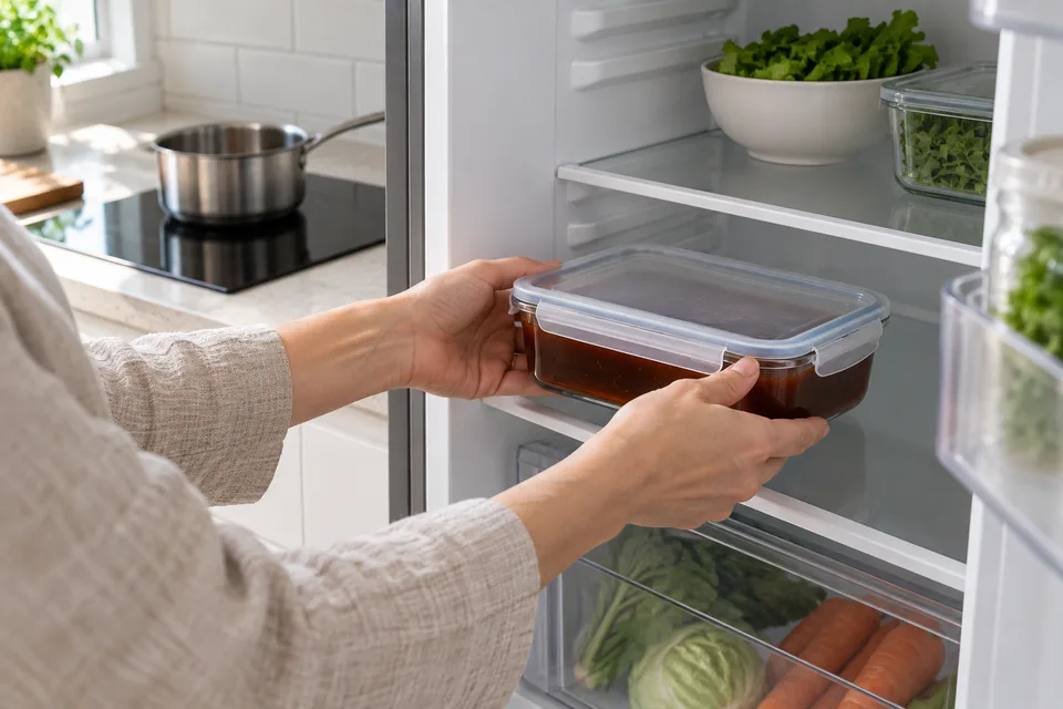 eel sauce — step 6: Transfer promptly to shallow covered containers and refrigerate within 2 hours of preparation, or within 1 hour above 90°F (32°C). Keep at 40°F (4°C) or below; do not wait for the sauce to reach room temperature.