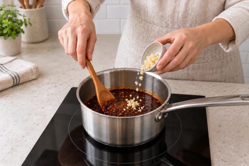 hoisin sauce — step 2: Add minced garlic, sesame oil, and five-spice powder; stir to combine.