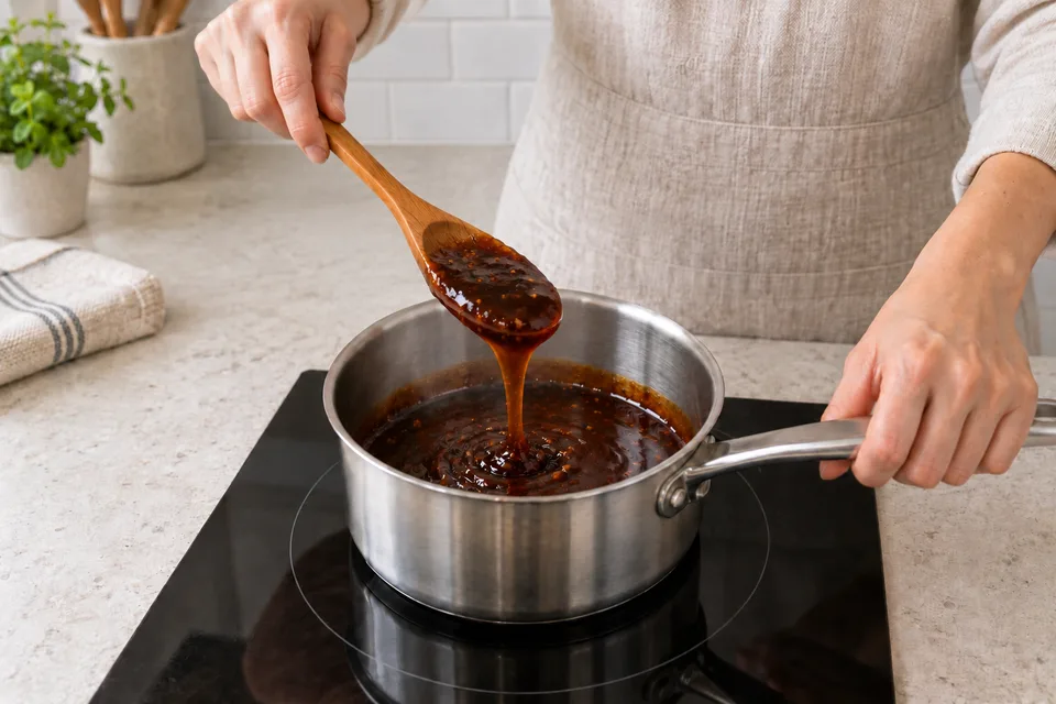 hoisin sauce — step 3: Heat over medium-low, stirring constantly, until sugar dissolves and sauce thickens slightly, about 3 to 5 minutes.