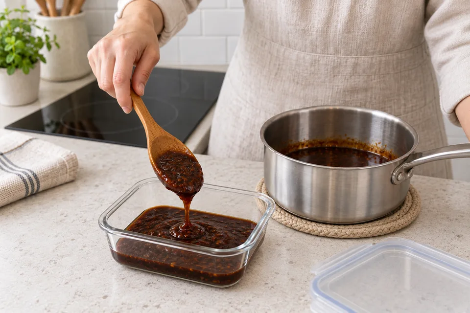 hoisin sauce — step 4: Remove from heat. Transfer promptly to shallow covered containers and refrigerate within 2 hours of preparation, or within 1 hour above 90°F (32°C). Keep at 40°F (4°C) or below; do not wait for the sauce to reach room temperature.