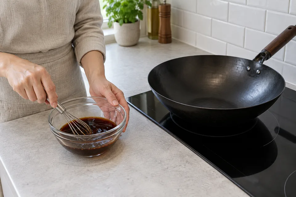 stir fry sauce — step 1: Combine soy sauce, oyster sauce, sesame oil, rice wine, and sugar in a small bowl and stir until sugar dissolves.