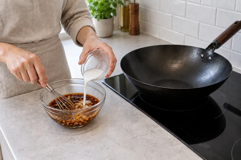 stir fry sauce — step 3: Whisk cornstarch into water or broth in a separate small bowl until fully dissolved, then stir the slurry into the sauce mixture.