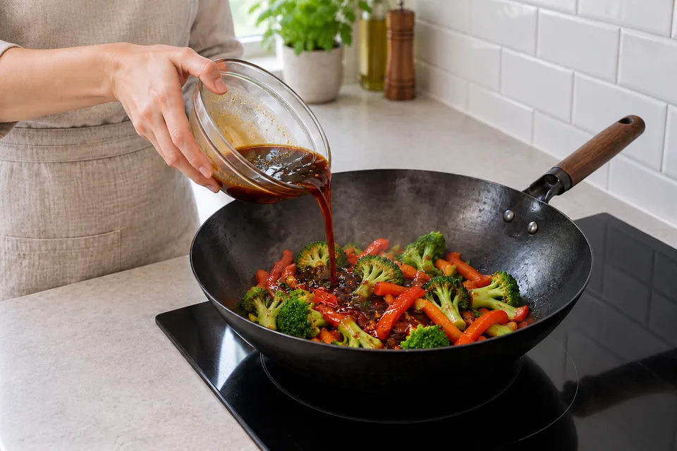 stir fry sauce — step 4: Pour the sauce into a hot wok during the final 2 to 3 minutes of stir-frying, tossing to coat all ingredients evenly.