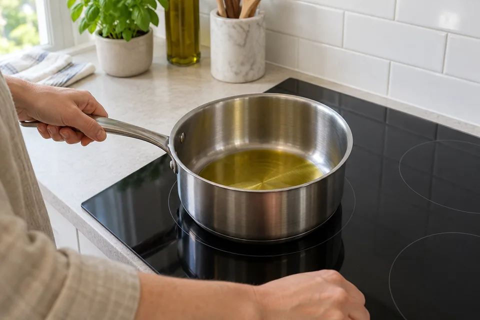 tomato sauce — step 1: Heat olive oil in a heavy-bottomed saucepan over medium heat.