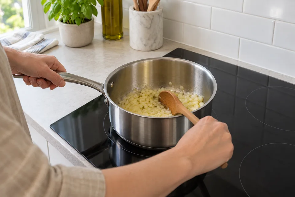 tomato sauce — step 2: Add diced onion and cook, stirring occasionally, until softened and translucent, about 6 to 8 minutes.