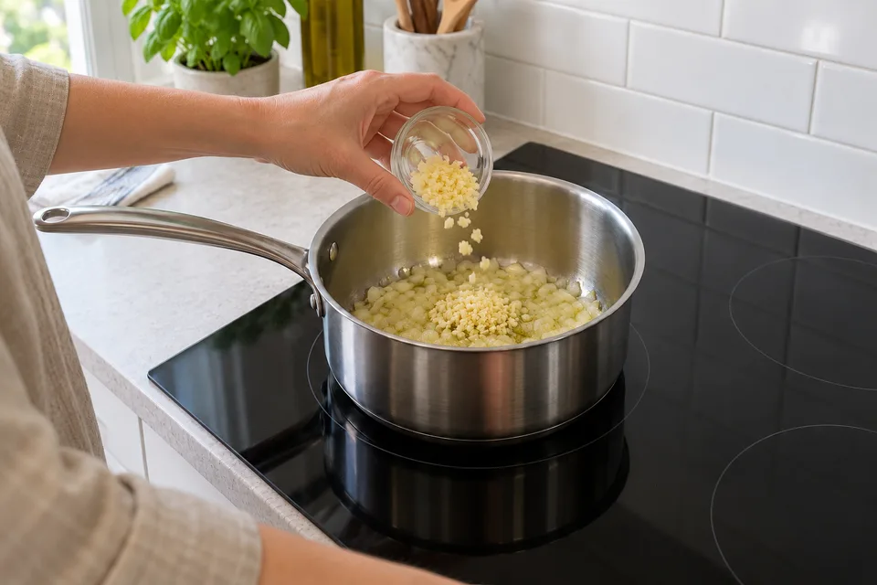 tomato sauce — step 3: Add minced garlic and cook for 1 minute, until fragrant but not browned.