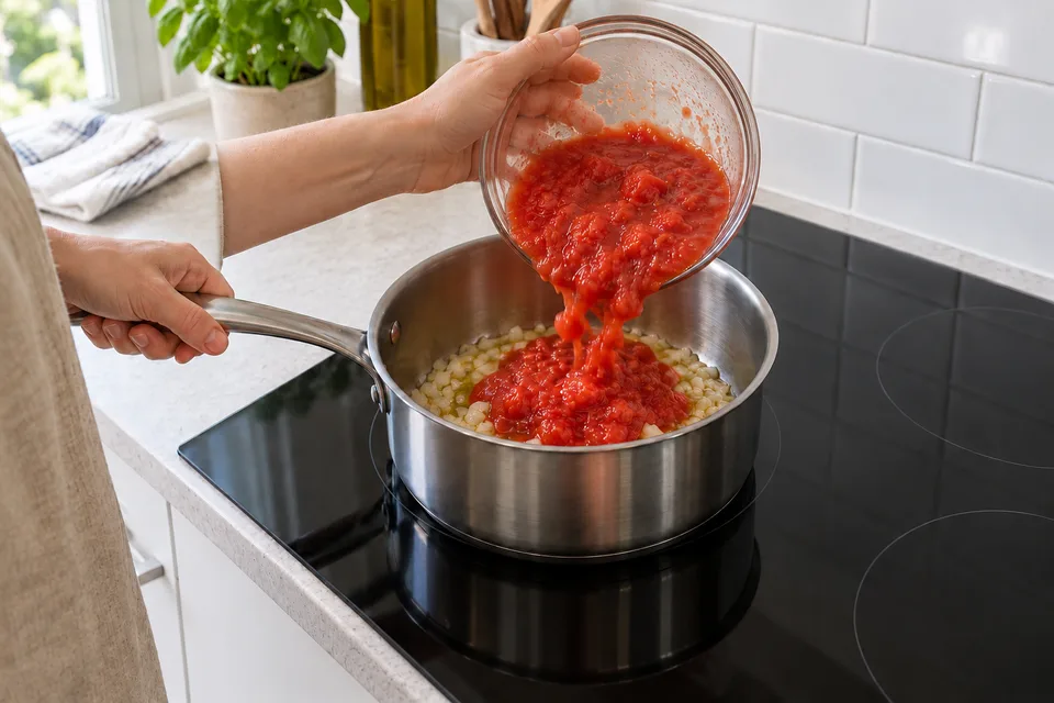 tomato sauce — step 4: Pour in tomatoes, breaking up any large pieces with a spoon.