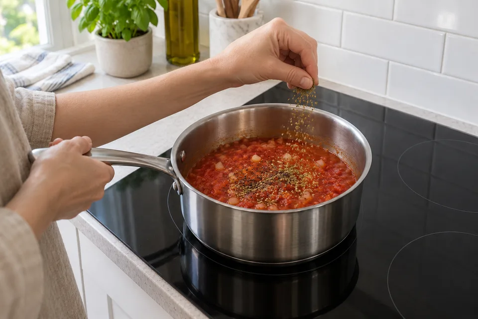 tomato sauce — step 5: Season with salt, pepper, and oregano. Stir to combine.