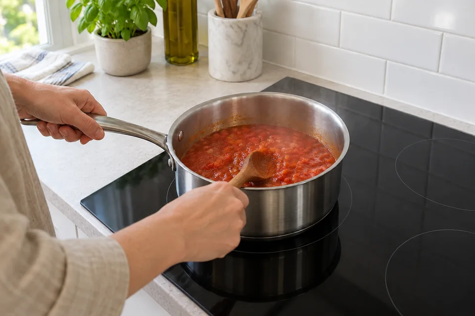 tomato sauce — step 6: Bring to a gentle simmer, then reduce heat to low. Cook uncovered for 20 to 25 minutes, stirring occasionally, until sauce thickens slightly.